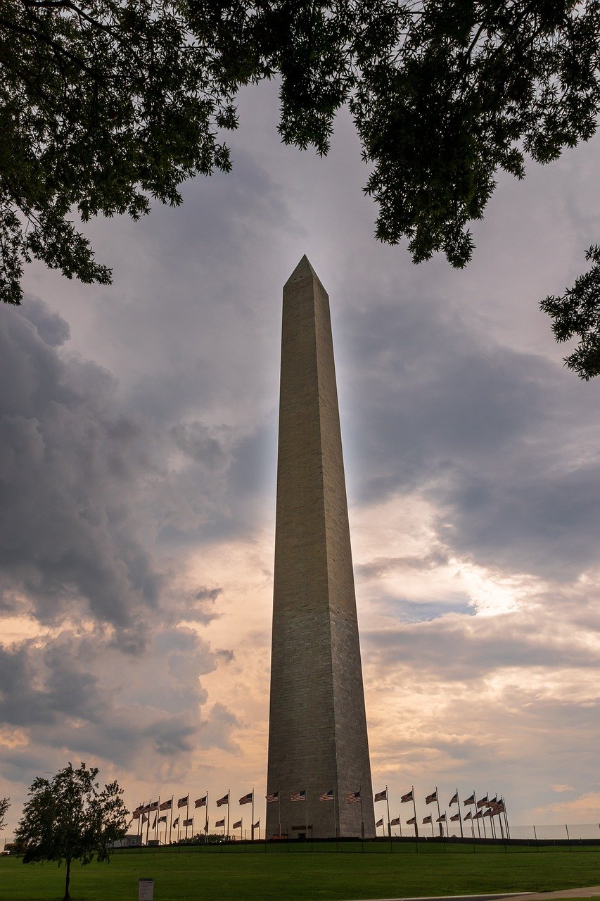 washington monument, usa, washington, monument, sightseeing, america, obelisk, historical, architecture, building, pillar, heaven, memorial, nature, patriotism, north america, landmark, clouds, light, washington dc, orange, flags, tree, cloudy
